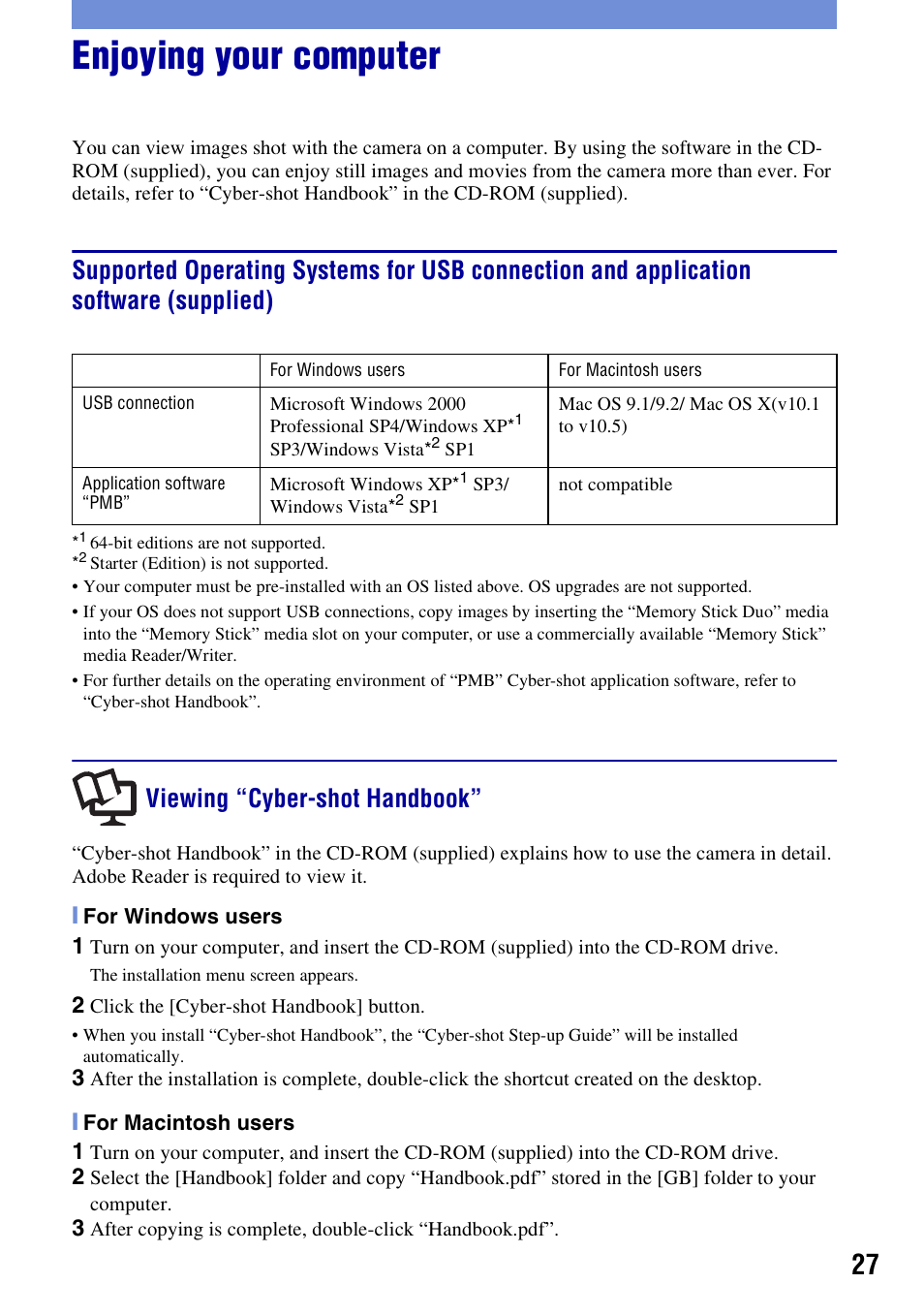 Enjoying your computer, Viewing “cyber-shot handbook | Sony DSC-W220 User Manual | Page 27 / 40