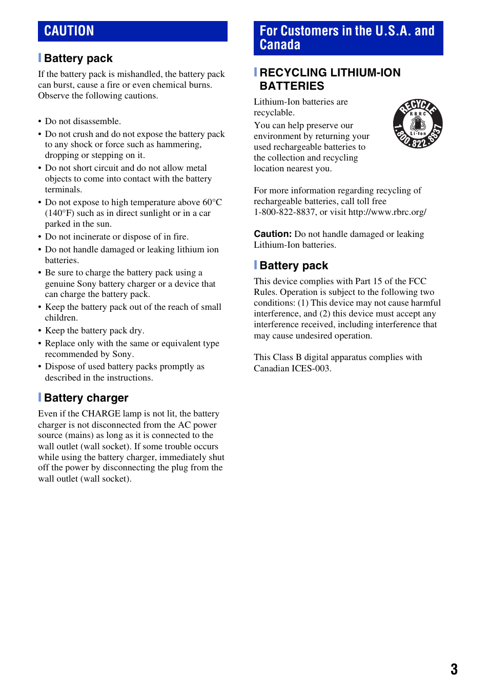 Caution for customers in the u.s.a. and canada | Sony DSC-W220 User Manual | Page 3 / 40