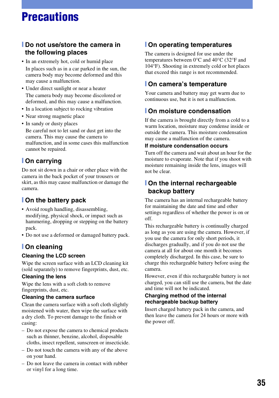 Precautions | Sony DSC-W220 User Manual | Page 35 / 40