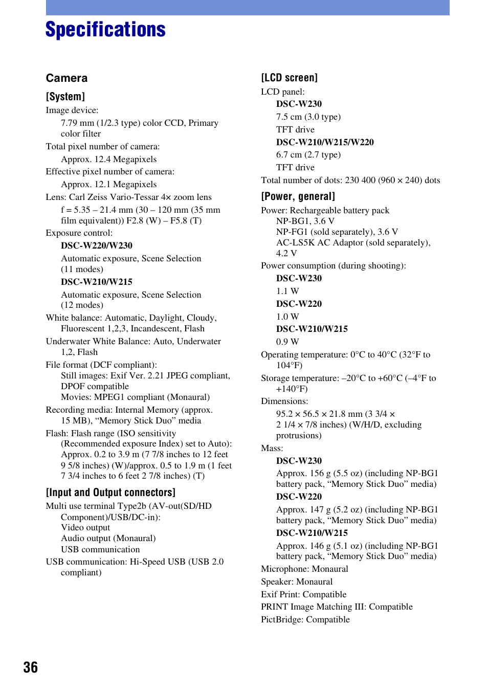 Specifications | Sony DSC-W220 User Manual | Page 36 / 40