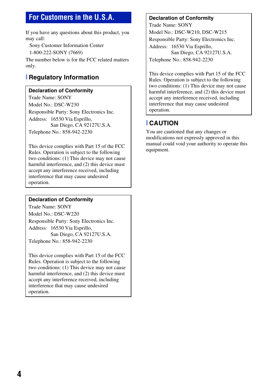 For customers in the u.s.a | Sony DSC-W220 User Manual | Page 4 / 40