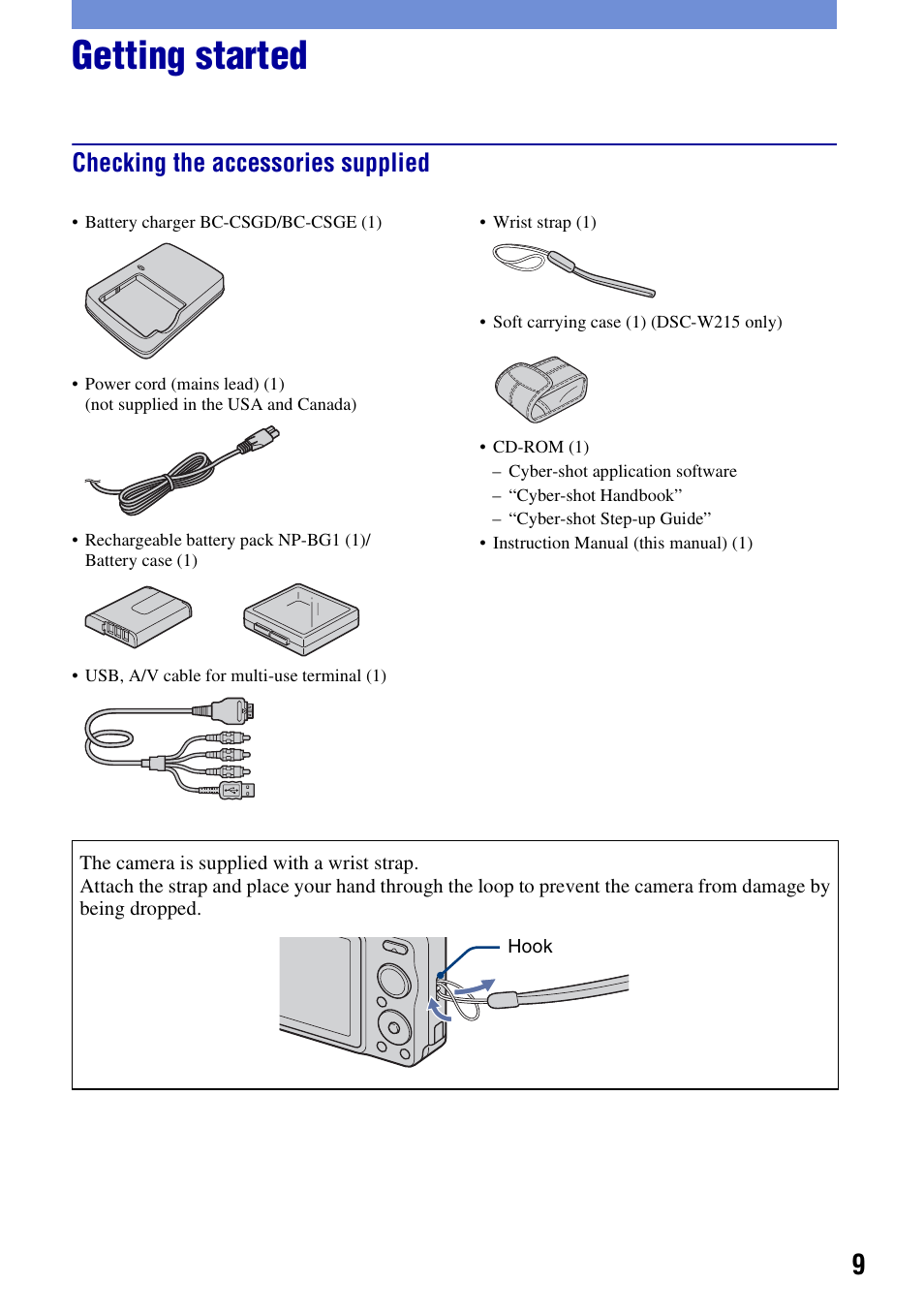 Getting started, Checking the accessories supplied | Sony DSC-W220 User Manual | Page 9 / 40
