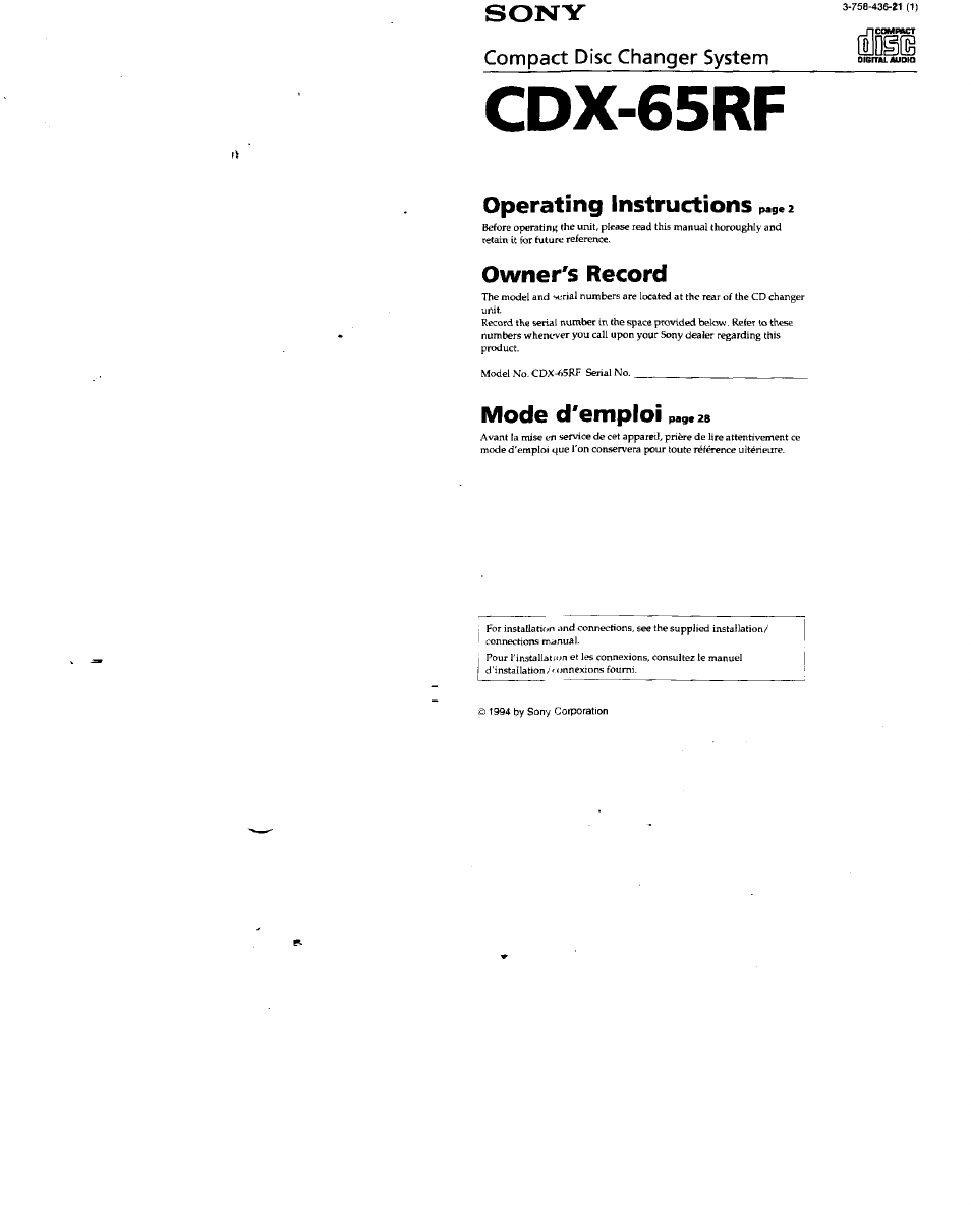 Sony CDX-65RF User Manual | 14 pages