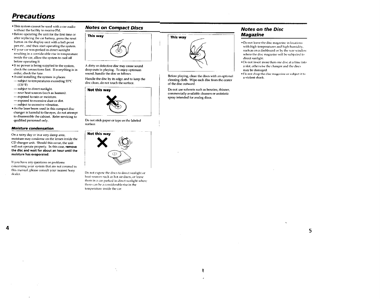 Precautions, Notes on compact discs, Notes on the disc magazine | Sony CDX-65RF User Manual | Page 3 / 14