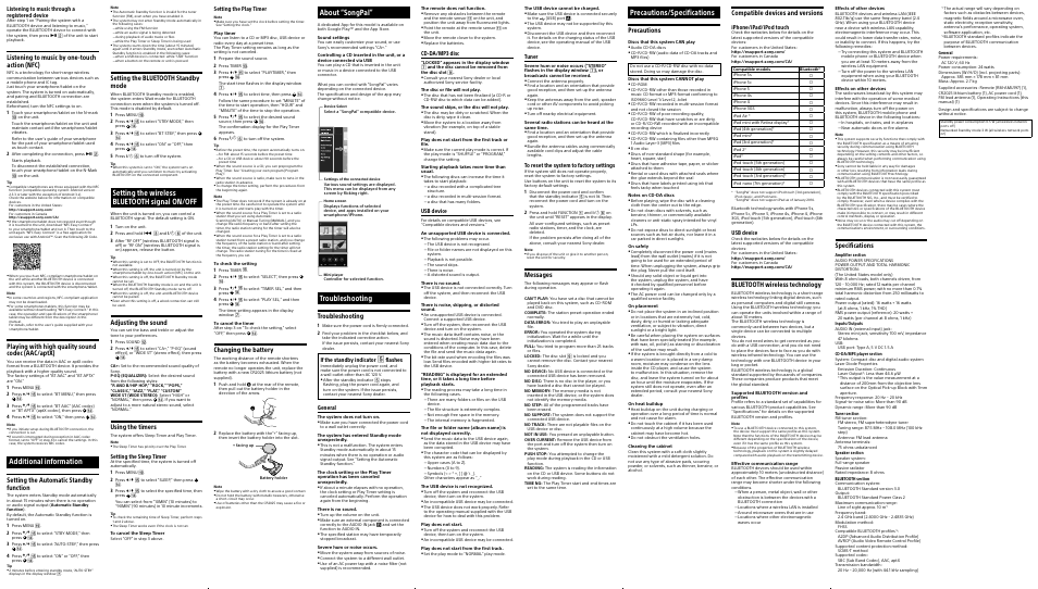 Additional information, Setting the wireless bluetooth signal on/off, About “songpal | Troubleshooting, Precautions/specifications, Listening to music by one-touch action (nfc), Playing with high quality sound codec (aac/aptx), Setting the automatic standby function, Setting the bluetooth standby mode, Adjusting the sound | Sony CMT-X5CD User Manual | Page 2 / 2