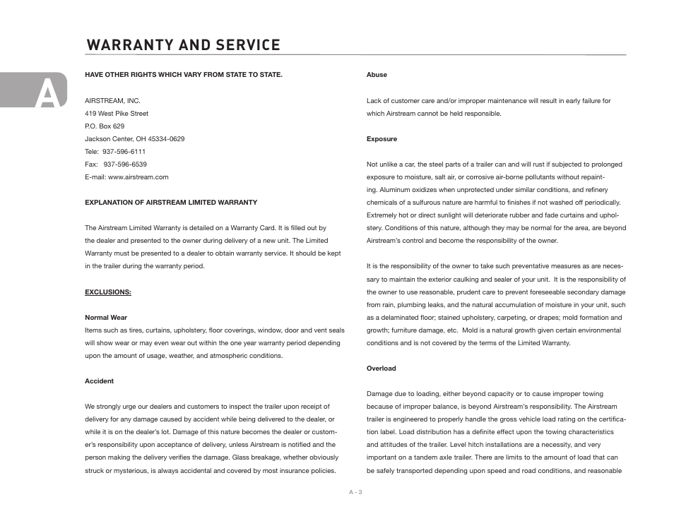 Warranty and service | Airstream CLASSIC TRAILER User Manual | Page 10 / 98