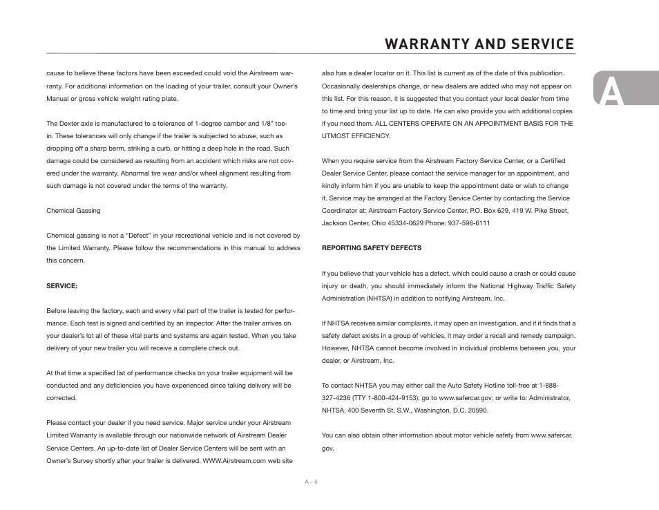 Warranty and service | Airstream CLASSIC TRAILER User Manual | Page 11 / 98