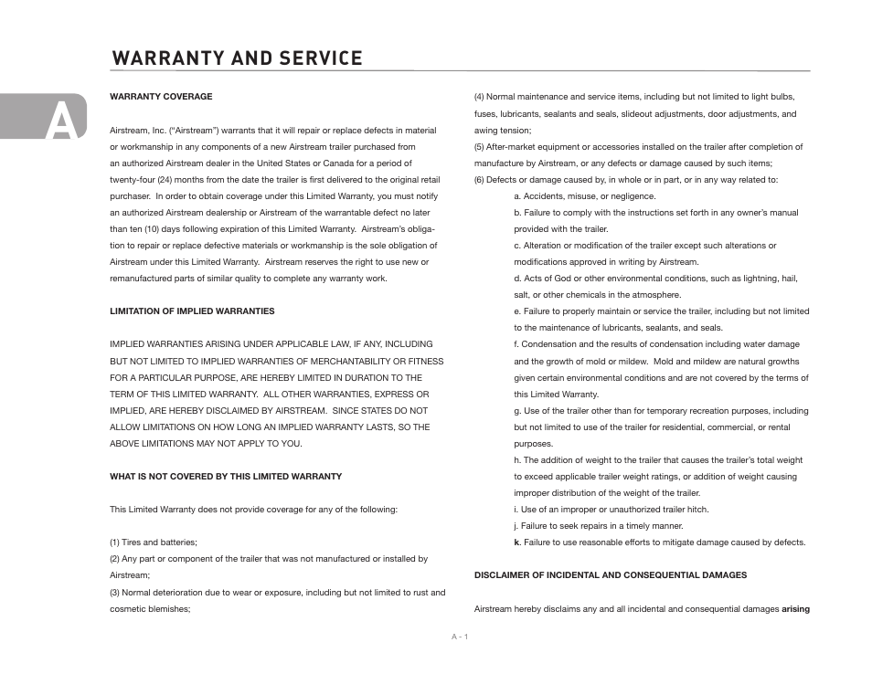 Warranty and service | Airstream CLASSIC TRAILER User Manual | Page 8 / 98