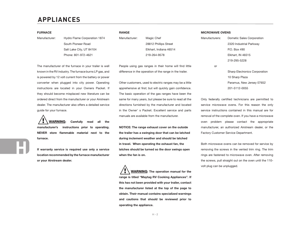 Appliances | Airstream CLASSIC TRAILER User Manual | Page 92 / 98