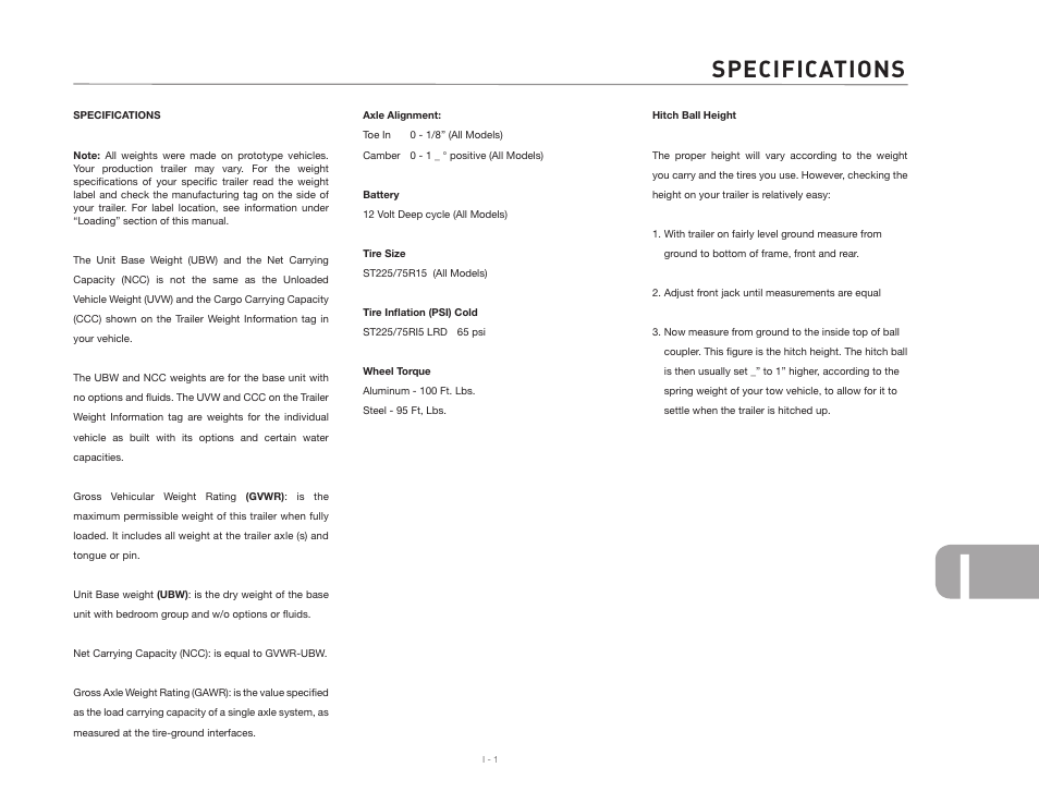 Specifications | Airstream CLASSIC TRAILER User Manual | Page 95 / 98