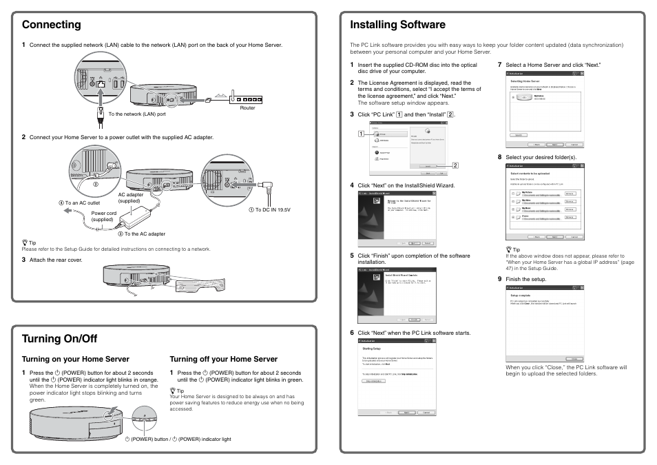 Connecting, Turning on/off, Installing software | Installing software turning on/off | Sony VGF-HS1 User Manual | Page 2 / 2