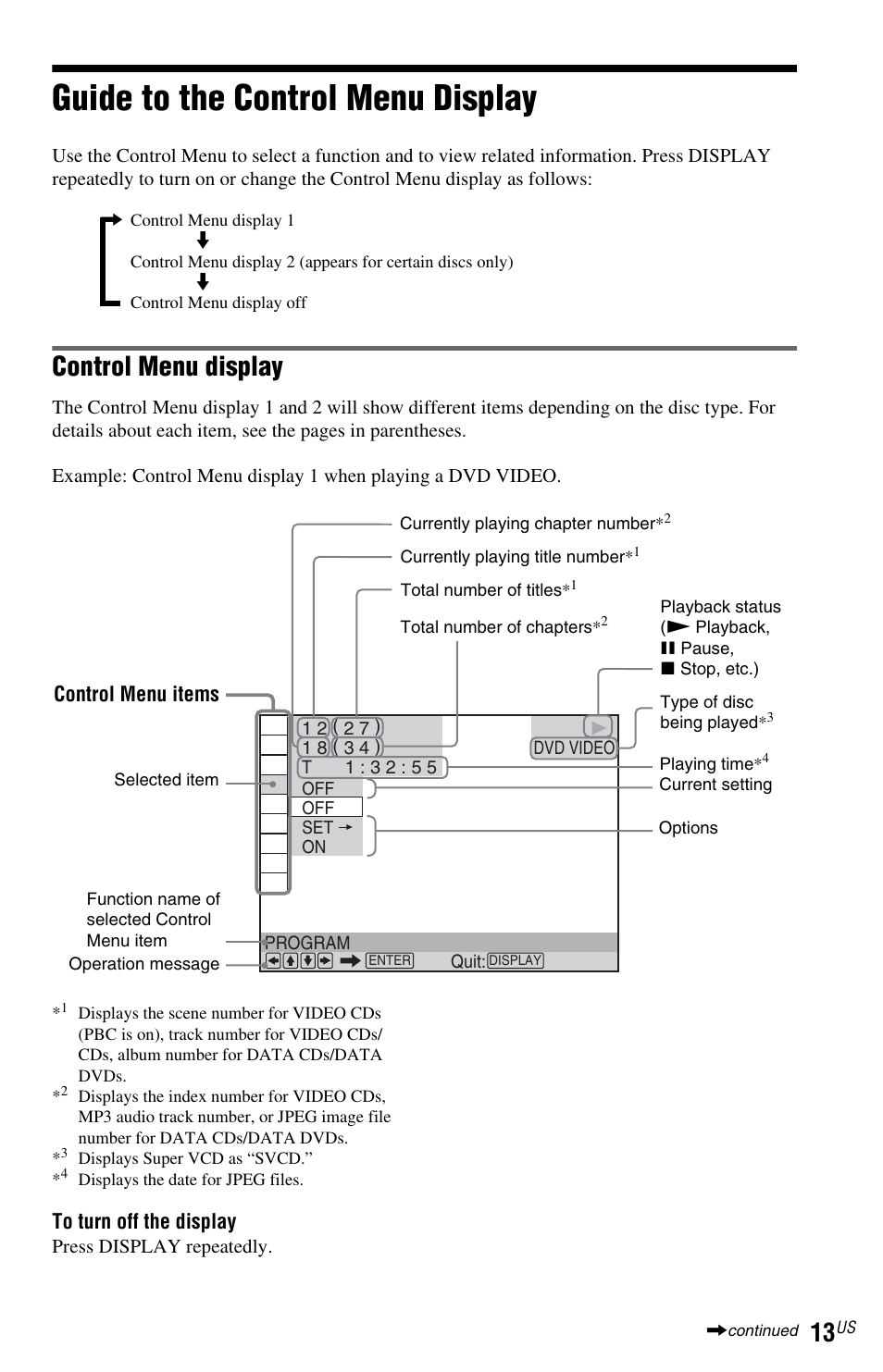 L1ac - guide to the control menu display, Guide to the control menu display, Display button (13) | Control menu display, Control menu items | Sony DVP-NS72HP User Manual | Page 13 / 88