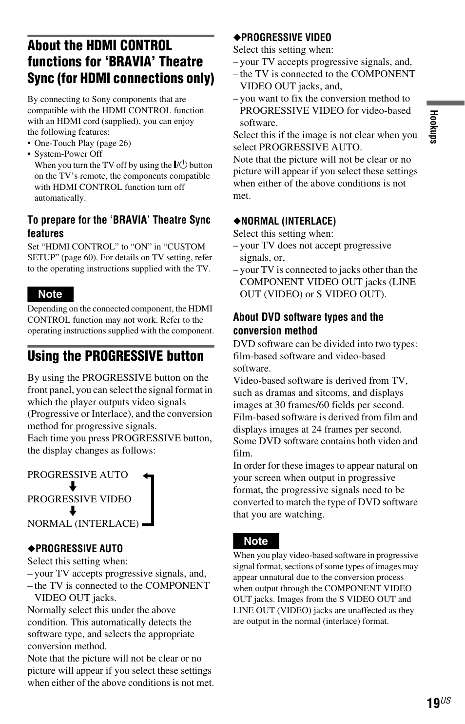 For hdmi connections only), Using the progressive button | Sony DVP-NS72HP User Manual | Page 19 / 88