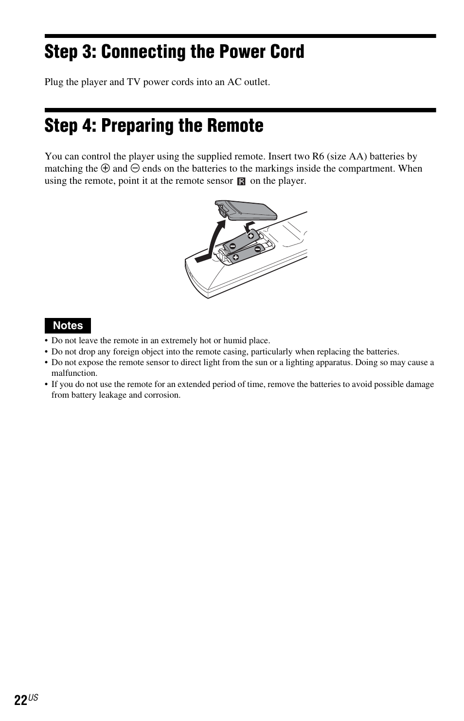 L1ac - step 3: connecting the power cord, L1ac - step 4: preparing the remote, Remote sensor) (22) | Step 3: connecting the power cord, Step 4: preparing the remote | Sony DVP-NS72HP User Manual | Page 22 / 88