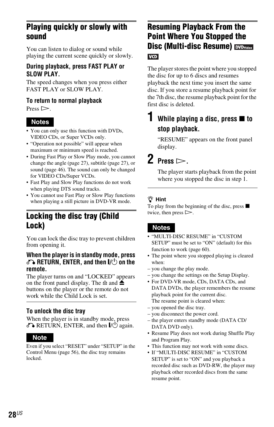 Button (28), Playing quickly or slowly with sound, Locking the disc tray (child lock) | Sony DVP-NS72HP User Manual | Page 28 / 88