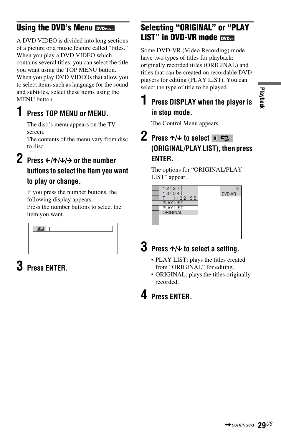 Menu button (29), N (29, Using the dvd’s menu | Selecting “original” or “play list” in dvd-vr mode | Sony DVP-NS72HP User Manual | Page 29 / 88