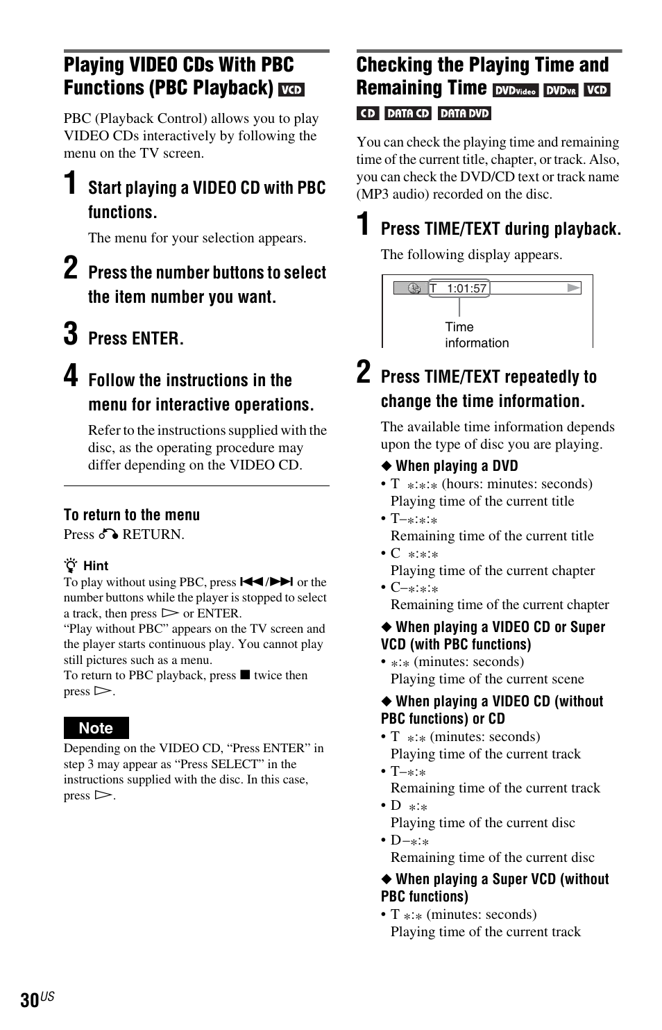E (30), Time/text button (30), Checking the playing time and remaining time | Sony DVP-NS72HP User Manual | Page 30 / 88