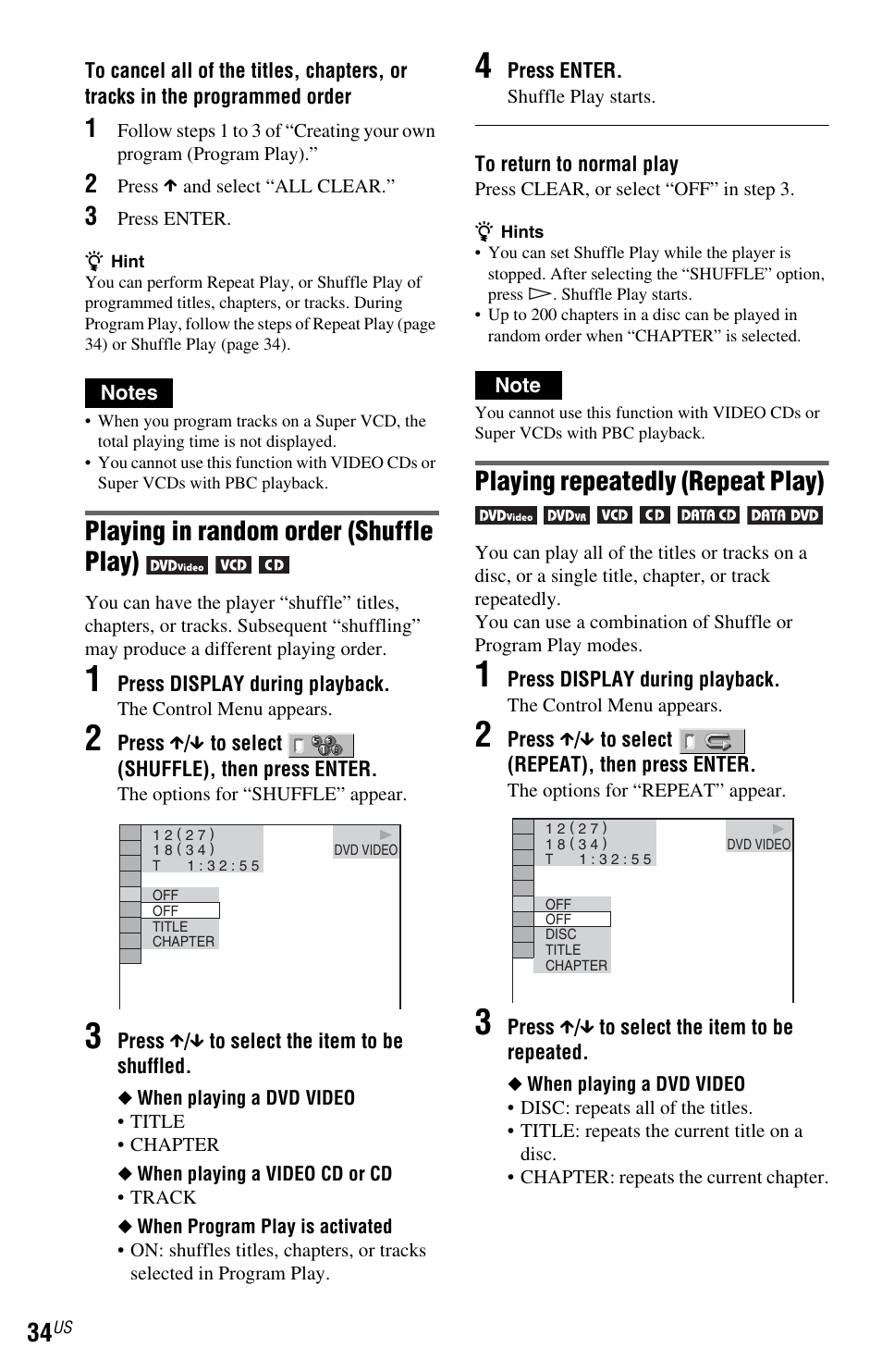 Playing in random order (shuffle play), Playing repeatedly (repeat play) | Sony DVP-NS72HP User Manual | Page 34 / 88