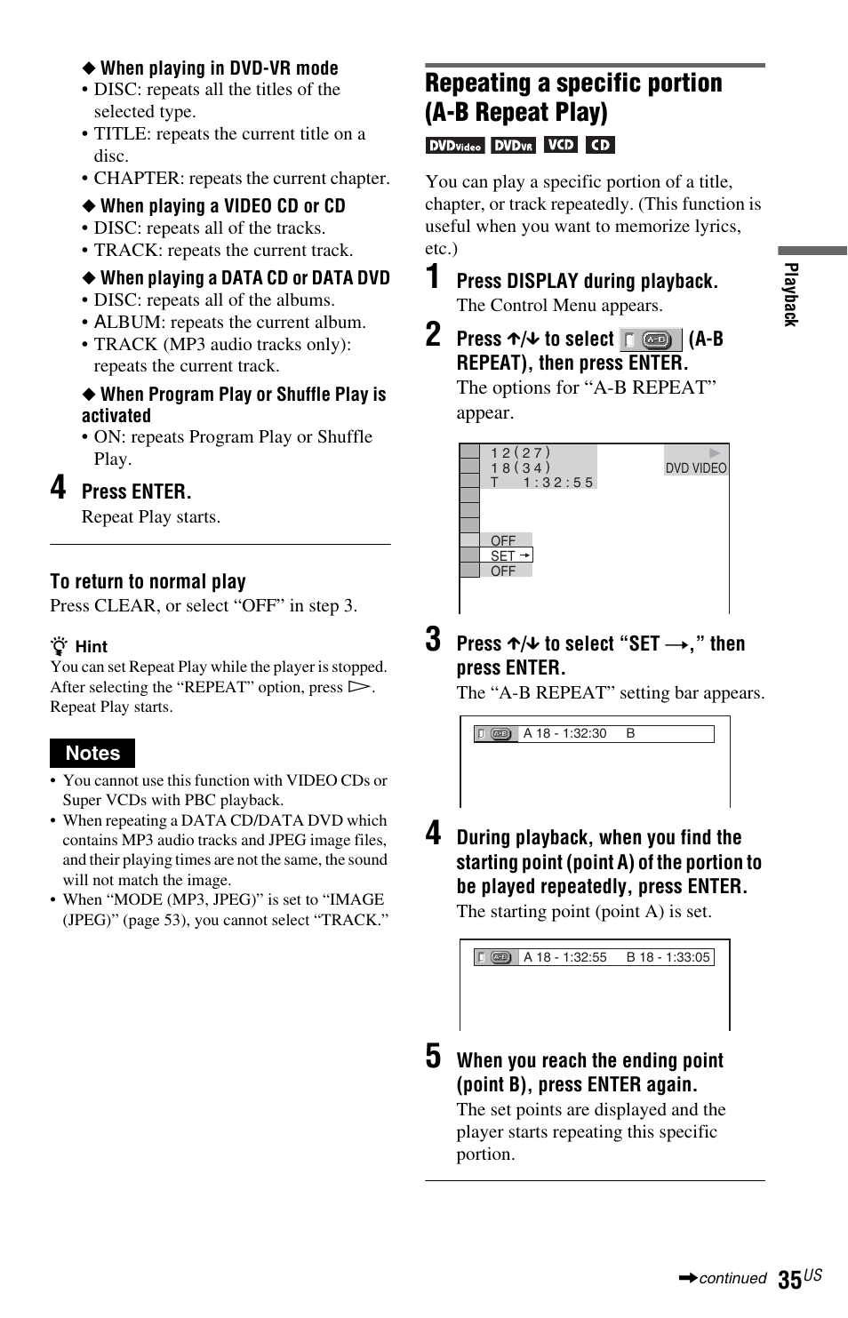 Repeating a specific portion (a-b repeat play) | Sony DVP-NS72HP User Manual | Page 35 / 88