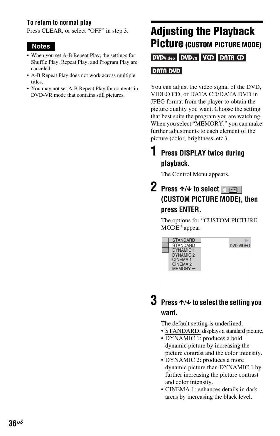 Adjusting the playback picture | Sony DVP-NS72HP User Manual | Page 36 / 88