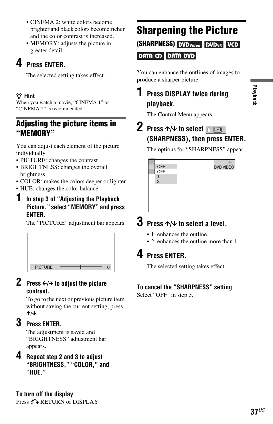 L1 - sharpening the picture (sharpness), Sharpening the picture (sh, Sharpening the picture | Sony DVP-NS72HP User Manual | Page 37 / 88