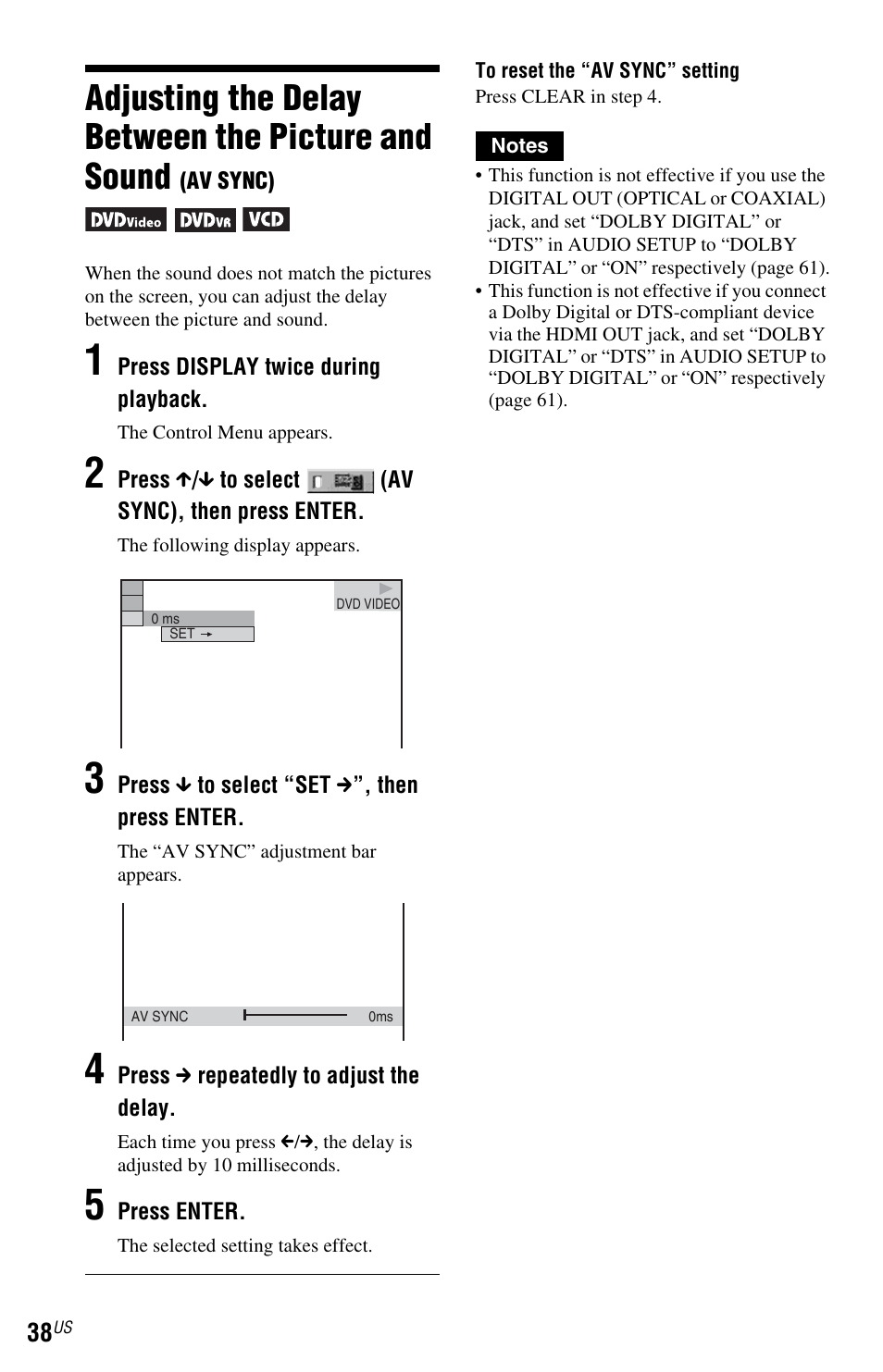 Adjusting the delay between the picture and sound | Sony DVP-NS72HP User Manual | Page 38 / 88