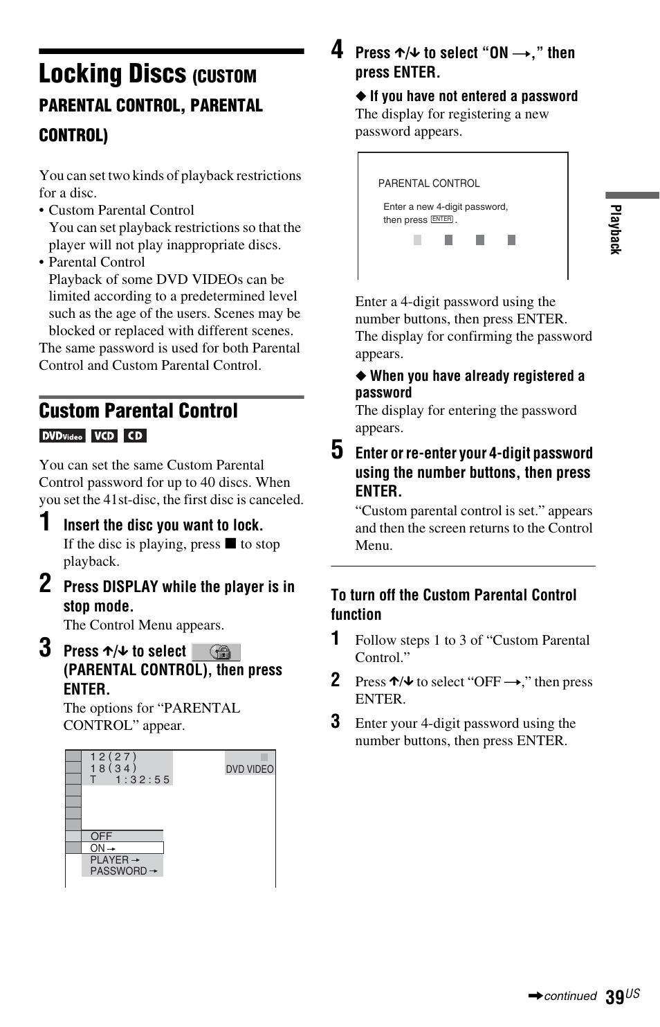 Locking discs (cus, Locking discs, Custom parental control | Sony DVP-NS72HP User Manual | Page 39 / 88