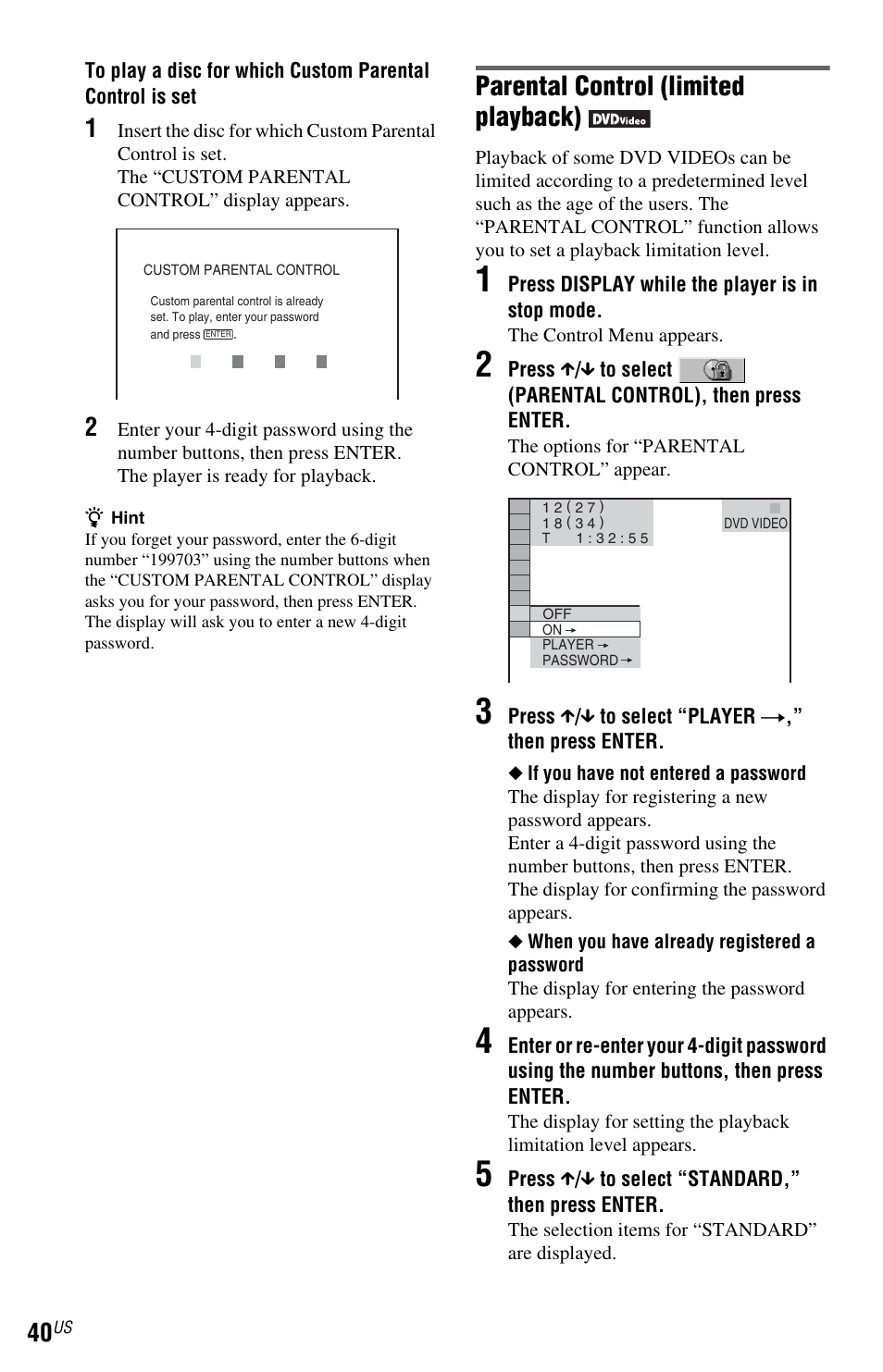 Parental control (limited playback) | Sony DVP-NS72HP User Manual | Page 40 / 88
