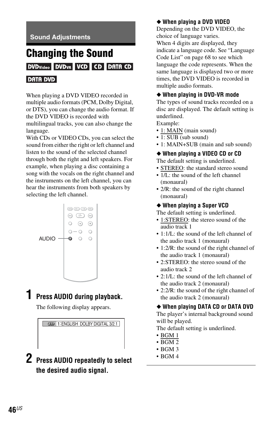 L0 - sound adjustments, L1 - changing the sound, Sound adjustments | Changing the sound, Button (46) | Sony DVP-NS72HP User Manual | Page 46 / 88