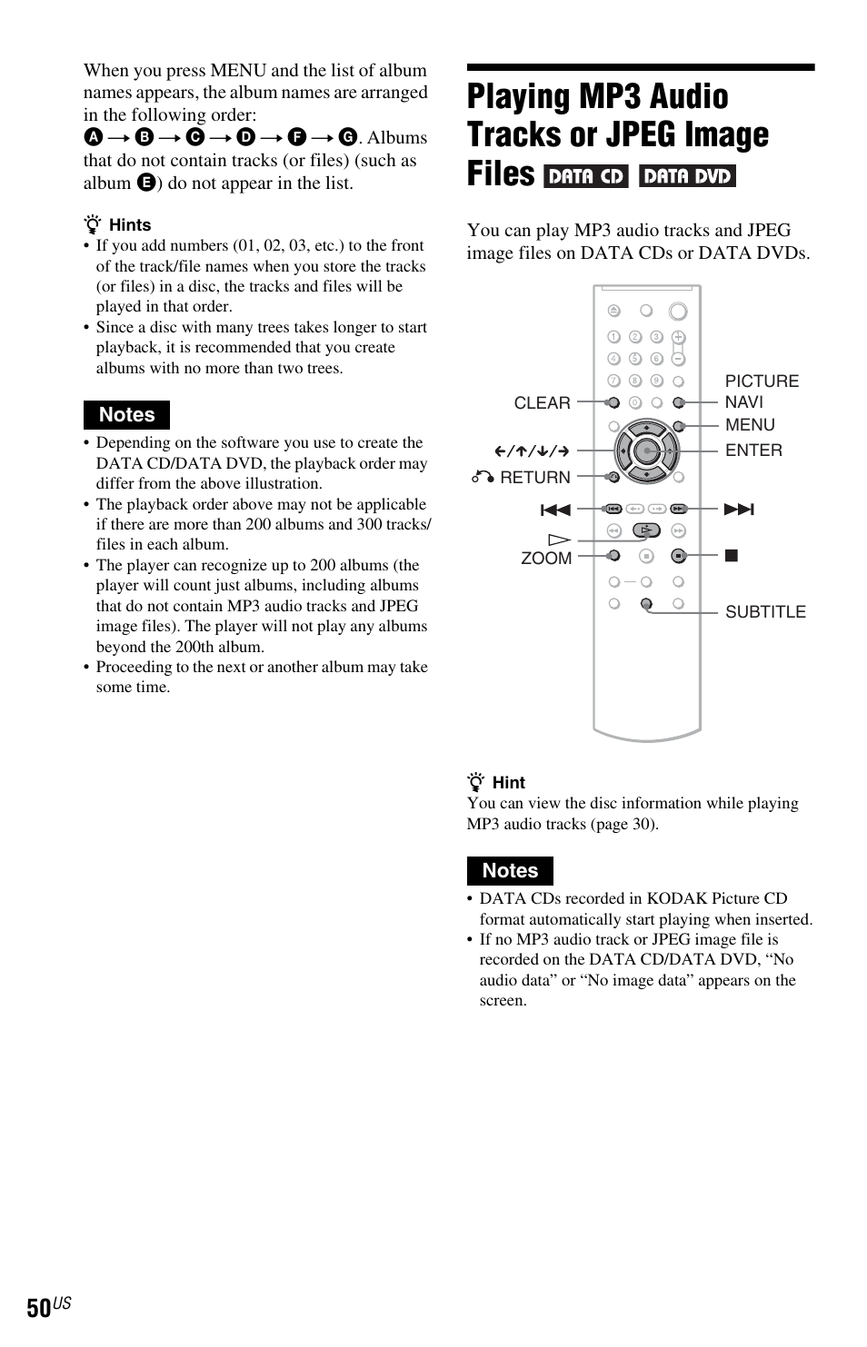 L1 - playing mp3 audio tracks or jpeg image files, Playing mp3 audio tracks or jpeg image files | Sony DVP-NS72HP User Manual | Page 50 / 88