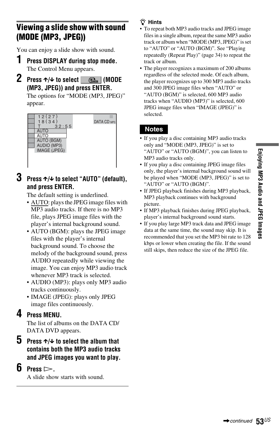 Viewing a slide show with sound (mode (mp3, jpeg)) | Sony DVP-NS72HP User Manual | Page 53 / 88