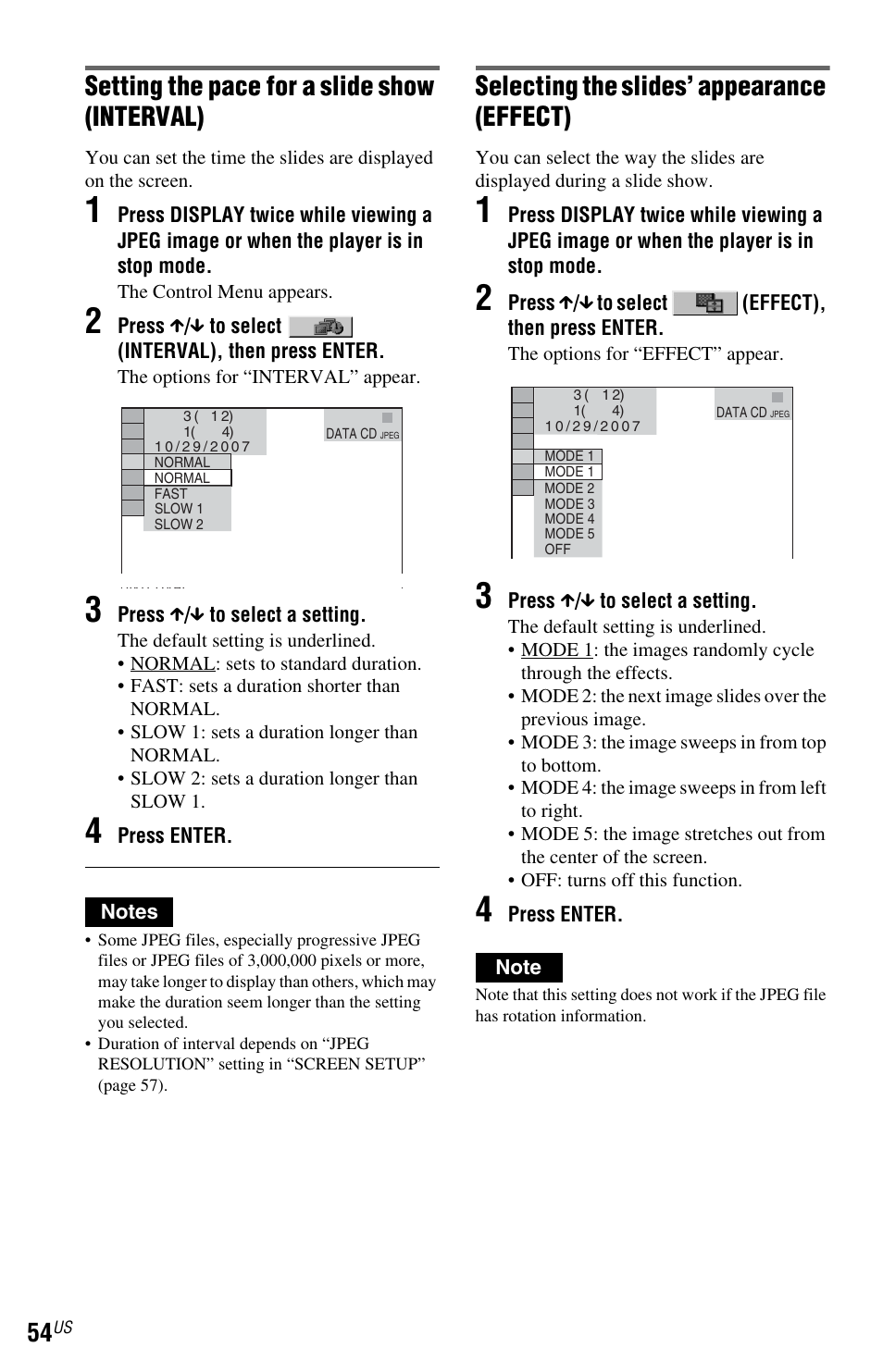 Setting the pace for a slide show (interval), Selecting the slides’ appearance (effect) | Sony DVP-NS72HP User Manual | Page 54 / 88