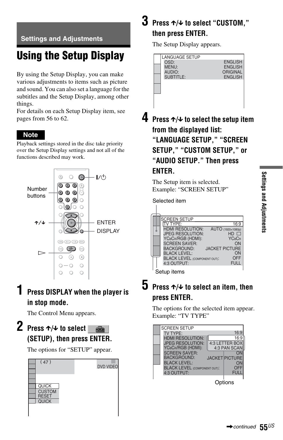 L0 - settings and adjustments, L1 - using the setup display, Settings and adjustments | Using the setup display, Press display when the player is in stop mode, Press x / x to select (setup), then press enter, Press x / x to select “custom,” then press enter, Press x / x to select an item, then press enter | Sony DVP-NS72HP User Manual | Page 55 / 88