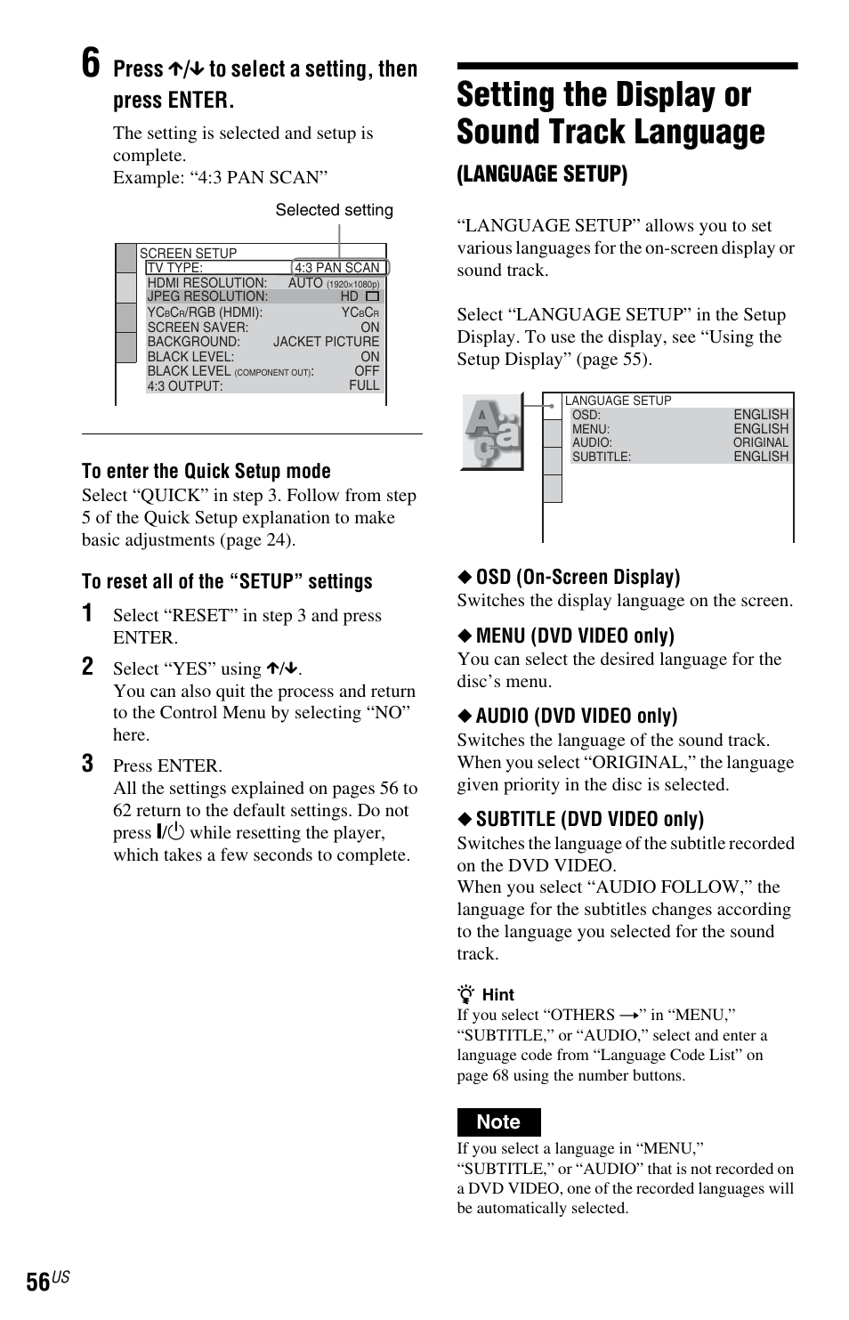 Setting the display or sound track language, Press x / x to select a setting, then press enter, Language setup) | Osd (on-screen display), Menu (dvd video only), Audio (dvd video only), Subtitle (dvd video only) | Sony DVP-NS72HP User Manual | Page 56 / 88