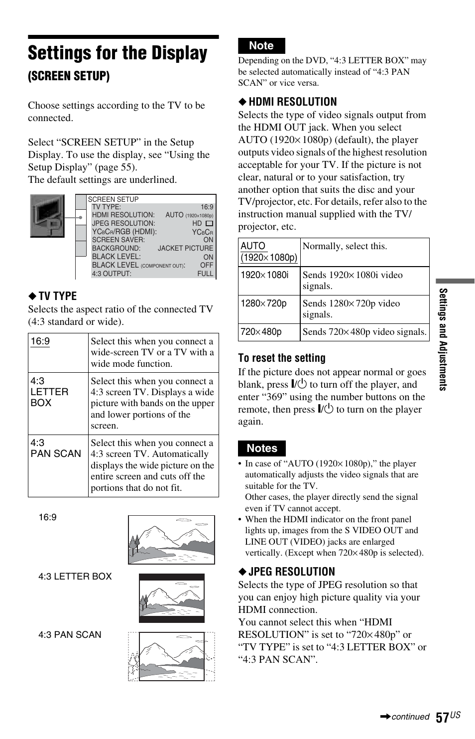 L1 - settings for the display (screen setup), Settings for the display (s, Settings for the display | Screen setup), Tv type, Hdmi resolution, Jpeg resolution | Sony DVP-NS72HP User Manual | Page 57 / 88