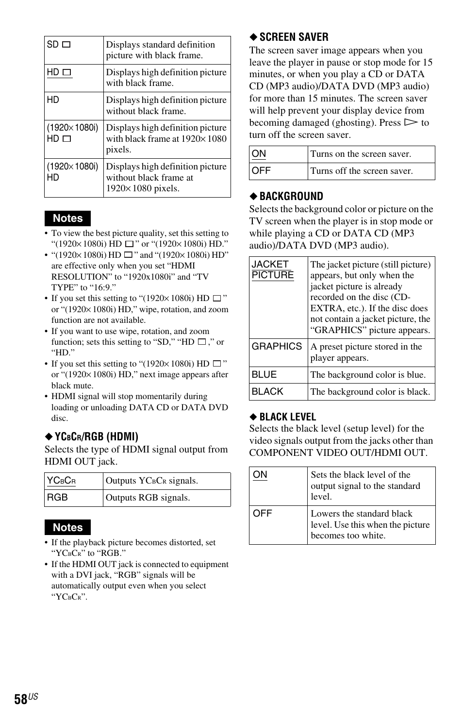 Rgb (hdmi), Screen saver, Background | Sony DVP-NS72HP User Manual | Page 58 / 88