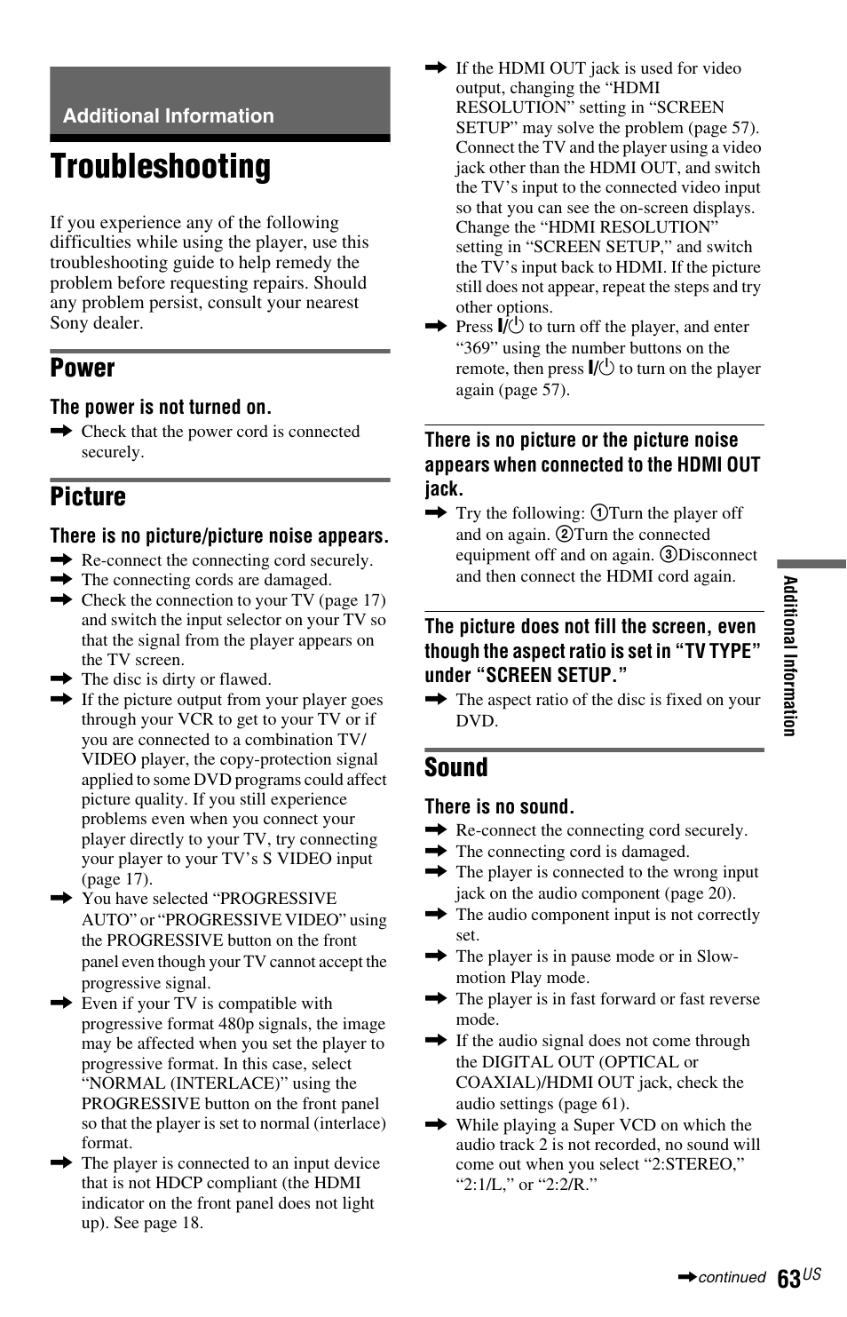 L0 - additional information, L1 - troubleshooting, Additional information | Troubleshooting, Power, Picture, Sound | Sony DVP-NS72HP User Manual | Page 63 / 88