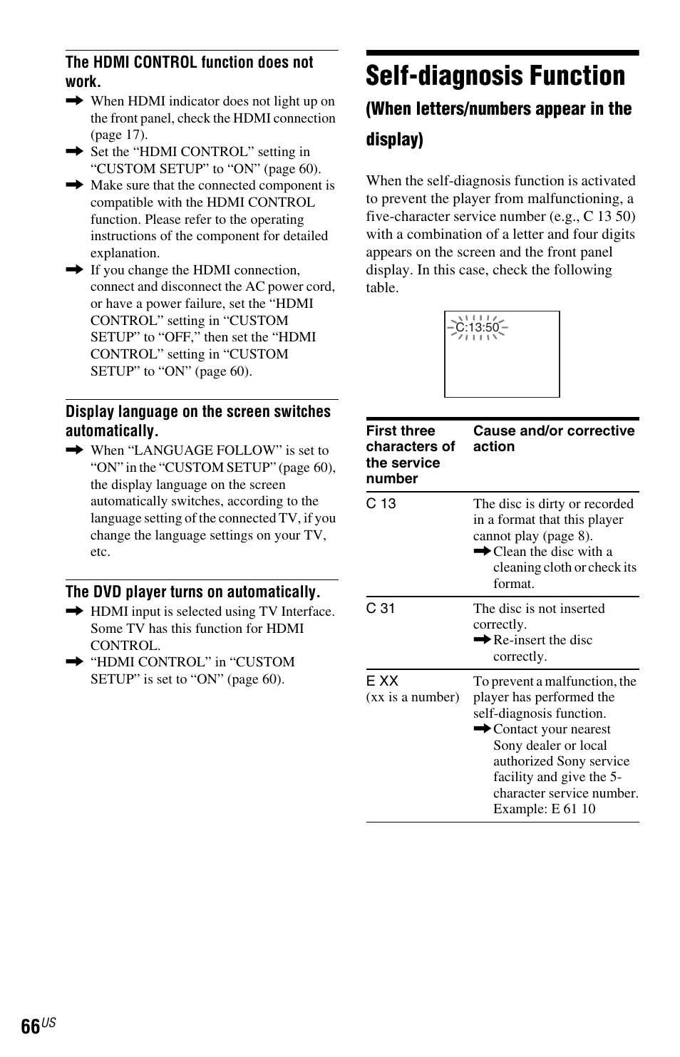 Self-diagnosis function (wh, Self-diagnosis function, When letters/numbers appear in the display) | Sony DVP-NS72HP User Manual | Page 66 / 88