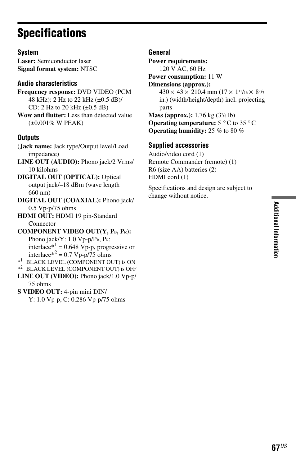 L1ac - specifications, Specifications | Sony DVP-NS72HP User Manual | Page 67 / 88