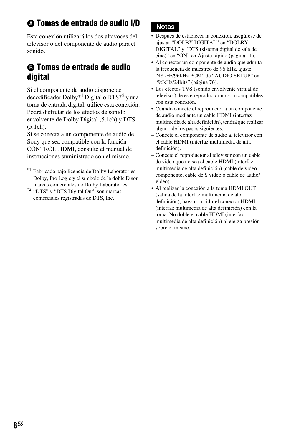 Tomas de entrada de audio i/d, Tomas de entrada de audio digital | Sony DVP-NS72HP User Manual | Page 78 / 88