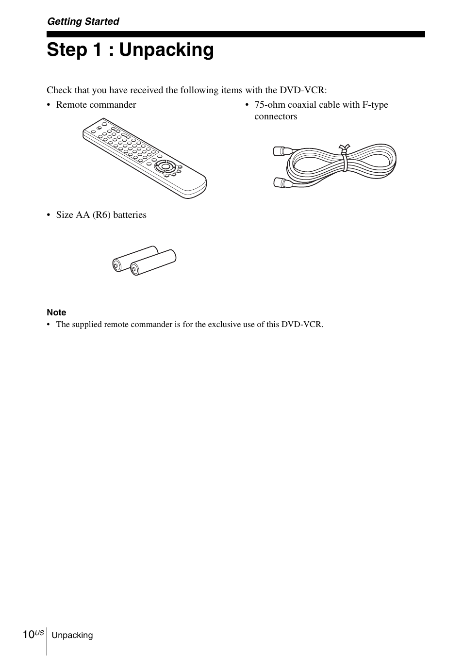 Getting started, Step 1 : unpacking | Sony SLV-D570H User Manual | Page 10 / 140