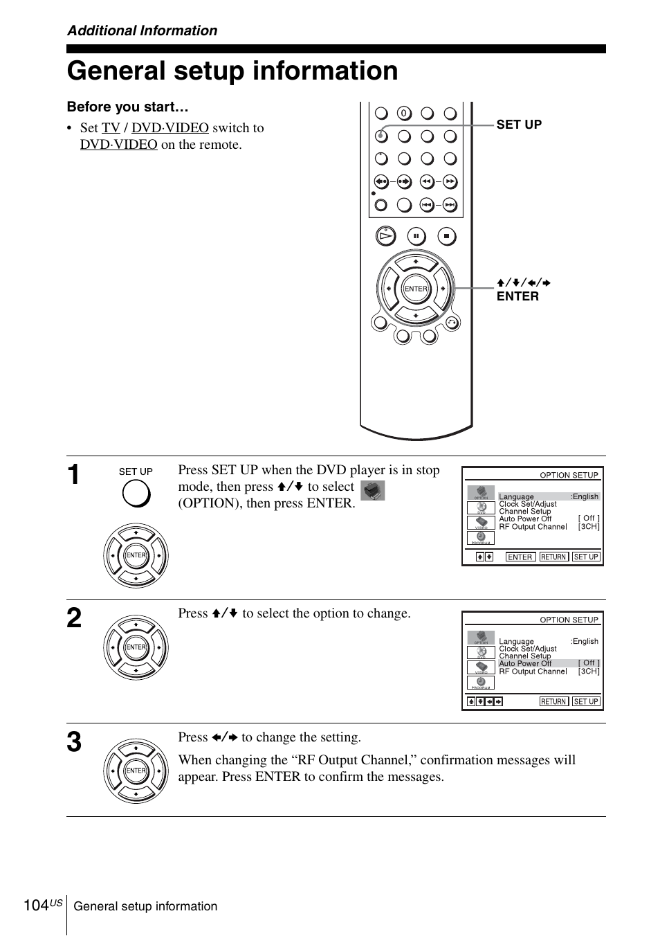 Additional information, General setup information | Sony SLV-D570H User Manual | Page 104 / 140