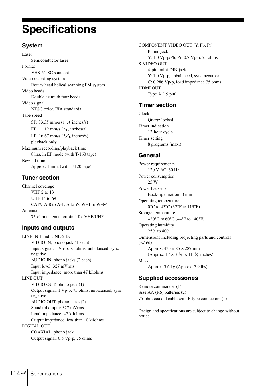 Specifications, Rious fu, System | Inputs and outputs, General, Supplied accessories | Sony SLV-D570H User Manual | Page 114 / 140