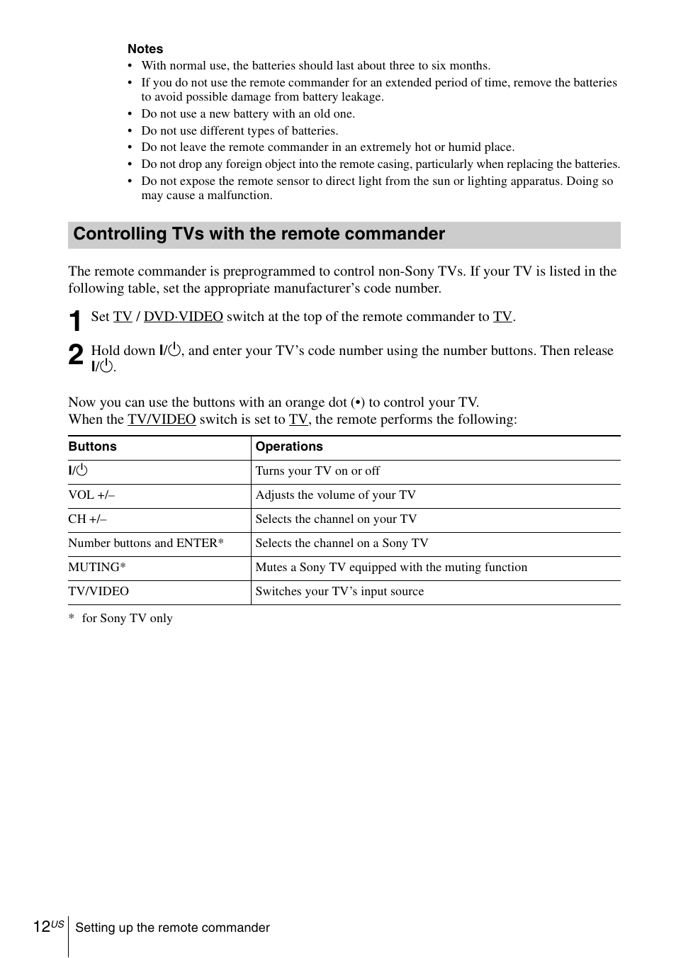 Controlling tvs with the remote commander | Sony SLV-D570H User Manual | Page 12 / 140