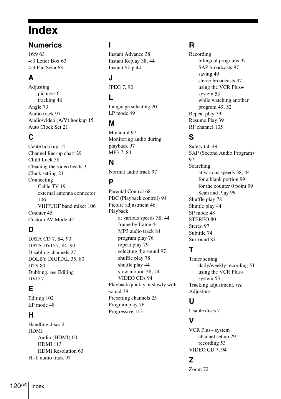 Index, Numerics | Sony SLV-D570H User Manual | Page 120 / 140