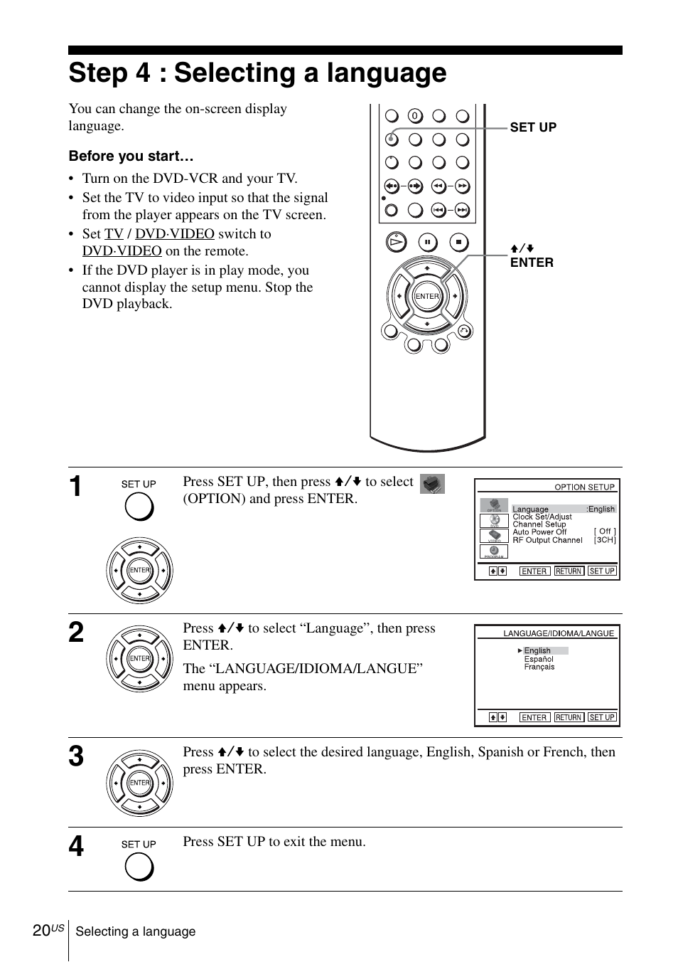 Step 4 : selecting a language | Sony SLV-D570H User Manual | Page 20 / 140