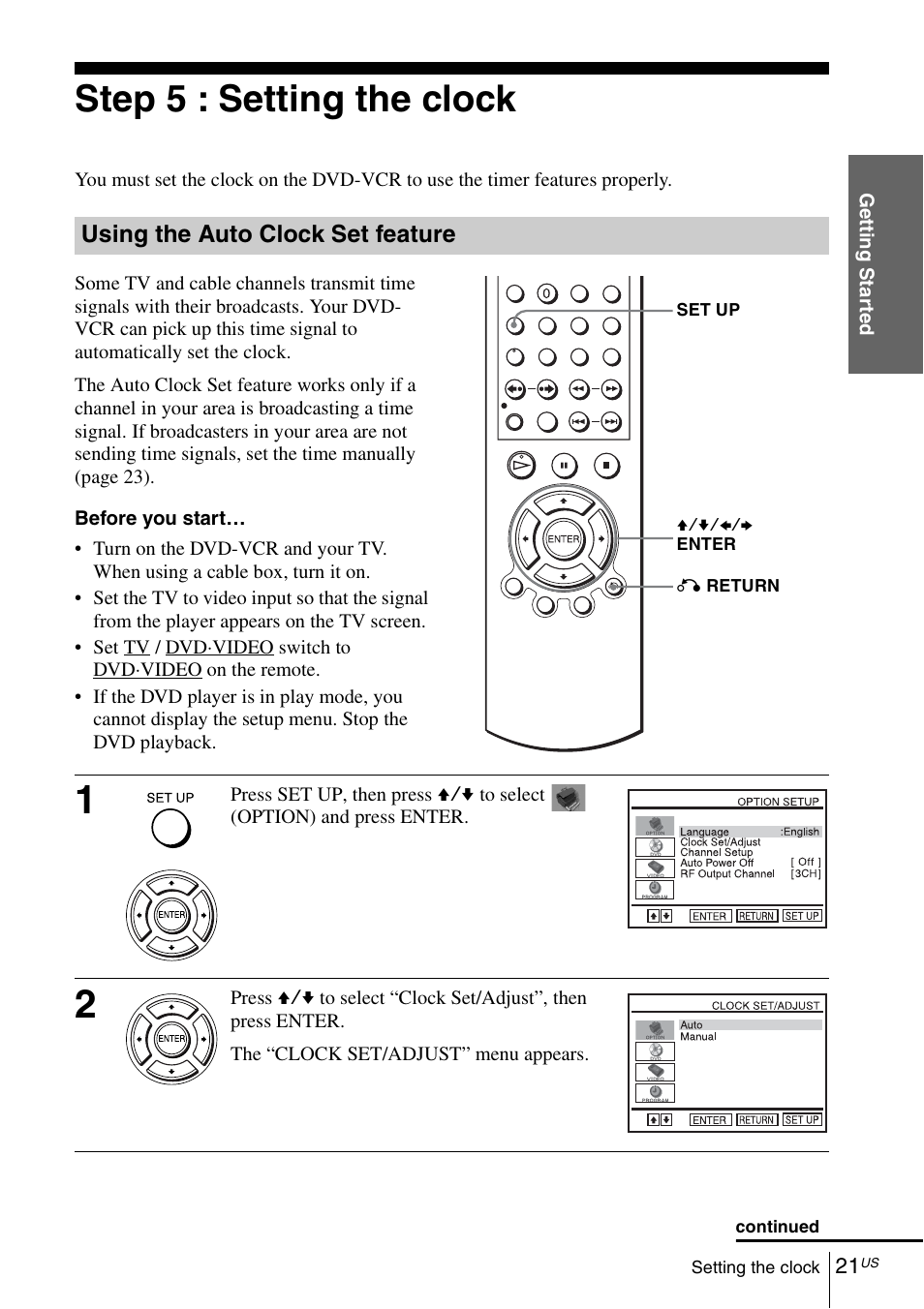 Step 5 : setting the clock, Lay the f | Sony SLV-D570H User Manual | Page 21 / 140