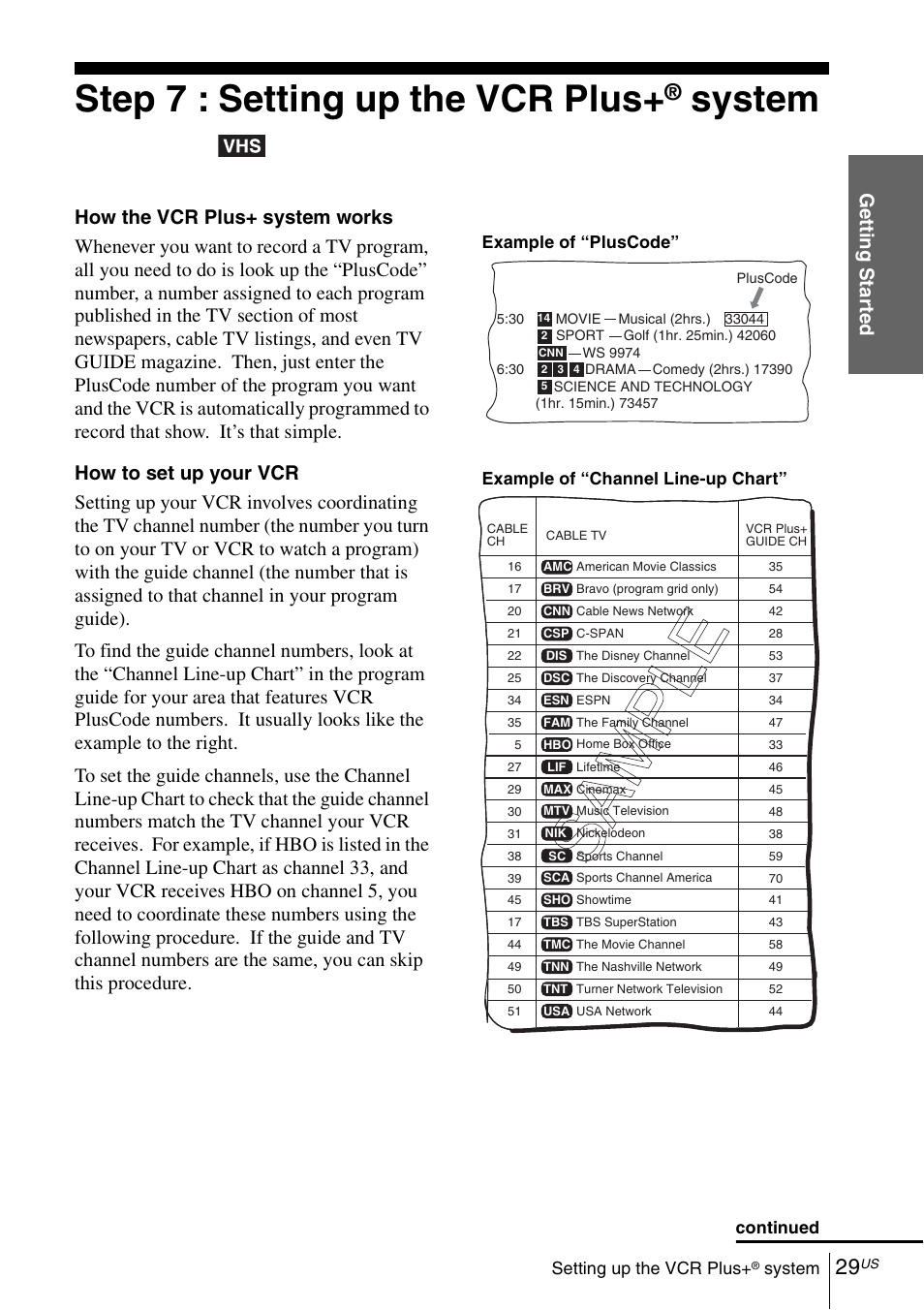 Step 7 : setting up the vcr plus+® system, Step 7 : setting up the vcr plus, System | Getti ng sta rted | Sony SLV-D570H User Manual | Page 29 / 140