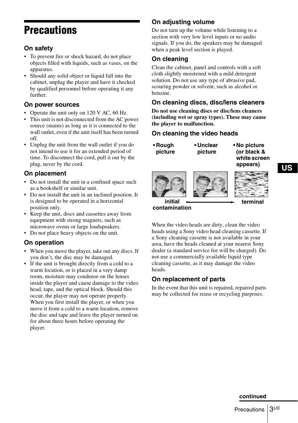 Precautions | Sony SLV-D570H User Manual | Page 3 / 140