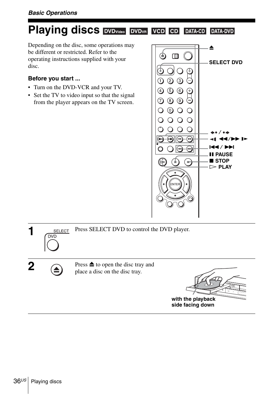 Basic operations, Playing discs, Ng channels | Ng up the vcr plus | Sony SLV-D570H User Manual | Page 36 / 140